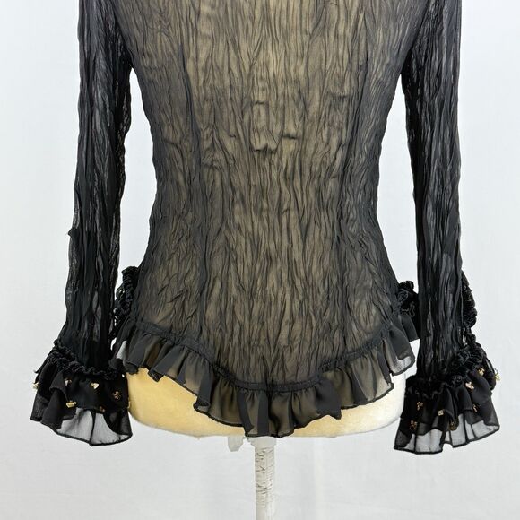 Lucy Collection Black Sheer Ruffle Beaded Tie Front Blouse Top S/M Boho Party - Picture 5 of 16